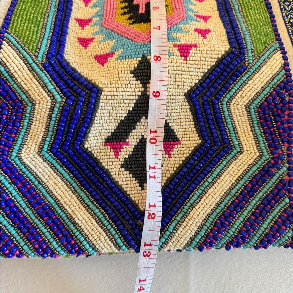 America & Beyond Hand Beaded Boho Tote Bag NWT Tribal Pom Pom Large Weekender - Picture 11 of 16